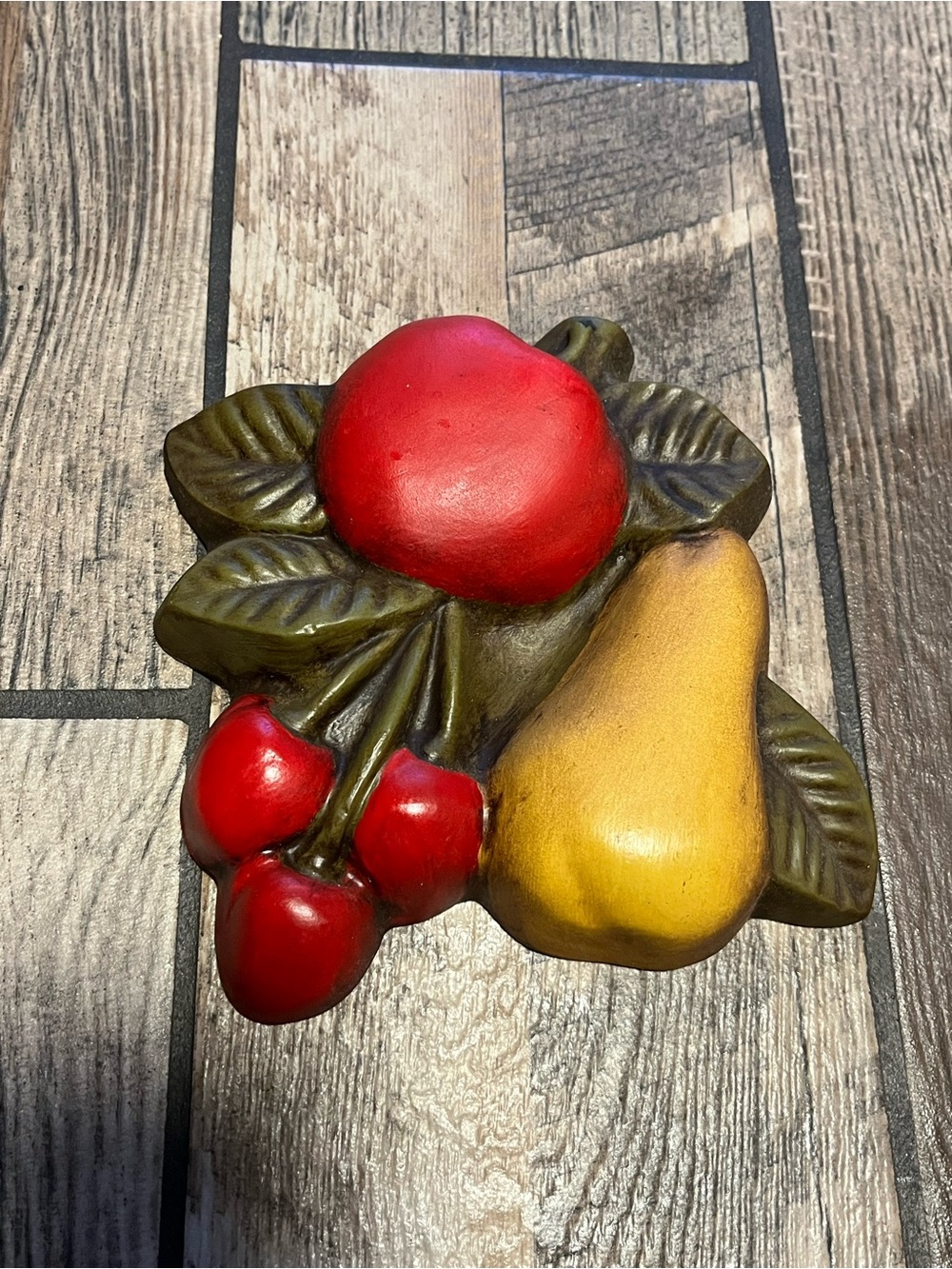 Vintage Fruit Wall Plaque - Red Apple, Red Cherries & Yellow Pear